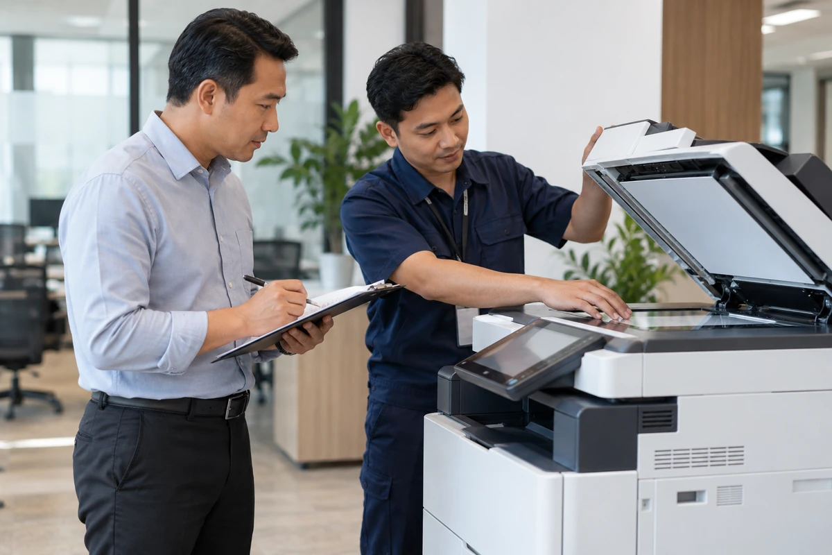 Tim GA dan teknisi memeriksa mesin fotocopy saat serah terima unit sewa